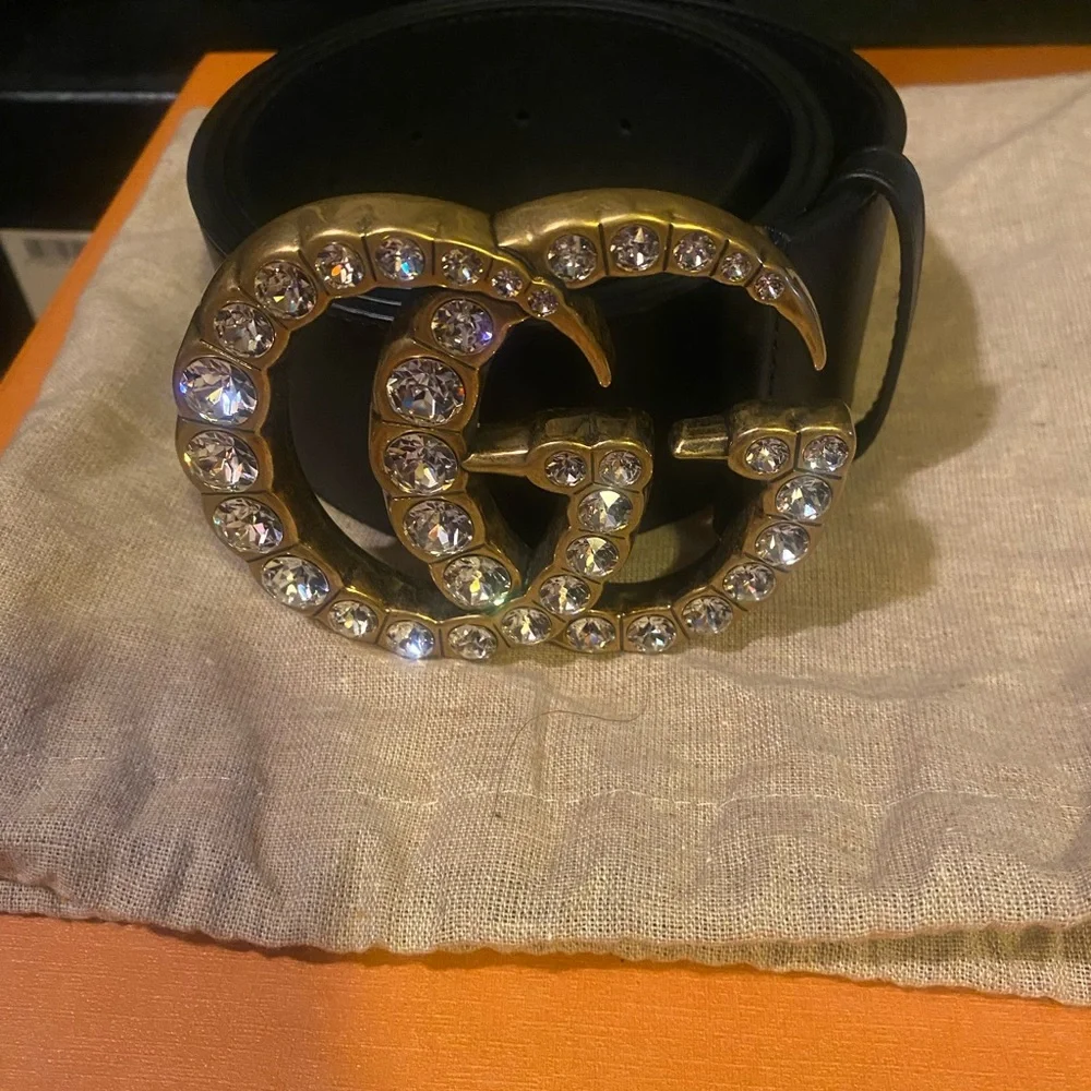Gucci Black Leather Belt with Gold Crystal Double G Buckle